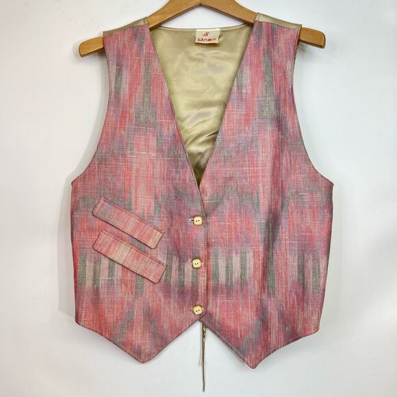 Vintage Linen Vest Pastel Aztec Small Western Button Up 90s Pink Retro - Picture 6 of 7